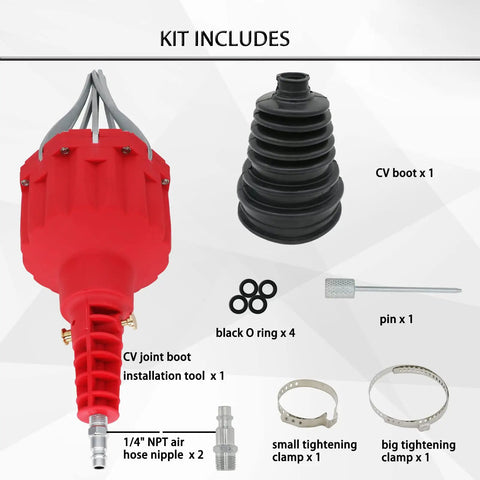 Kit includes No Brainer Pneumatic CV Joint Boot Installation Tool Kit Universal Expander Rod Spreader with accessories.