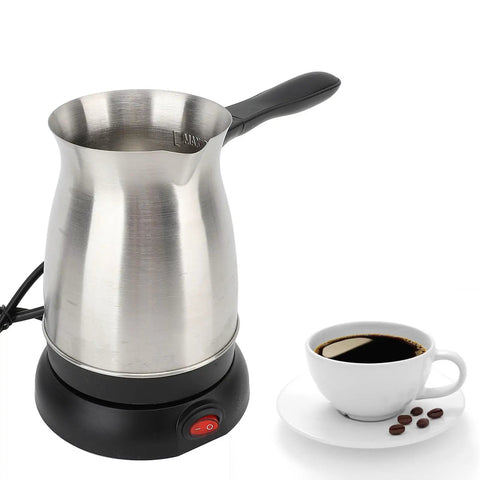 Portable Electric Turkish Coffee Pot 600ML Stainless Steel Kettle For Home Use, Multi Purpose Coffee Maker next to cup