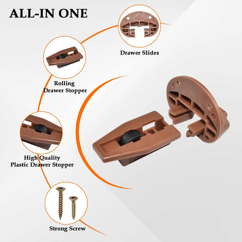 Heavy Duty Ball Bearing Drawer Slide Kit With Rock Solid Metal Backing For Smooth As Butter Cabinet Roll Upgrade Replacement Hardware Two Full Sets Ready For Easy Install Today includes brown plastic drawer stopper and screws.