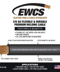 Image showing features of 2/0 Gauge Premium Extra Flexible Welding Cable 600 Volt Black 20 Feet Made In USA Heavy Duty Pro Grade Flexible Copper Conductors.