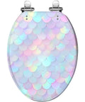 Elongated Resin Toilet Seat for Bathroom, 14.5" x 18.5" size with iridescent mermaid scale design and chrome hinges.