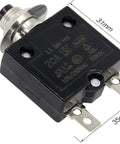 Heavy Duty Thermal Circuit Breaker 20 Amps Push Button Manual Reset Switch 125 To 250 Volts Ac 50 Volts Dc Single Pole Pack Of Two side view with dimensions