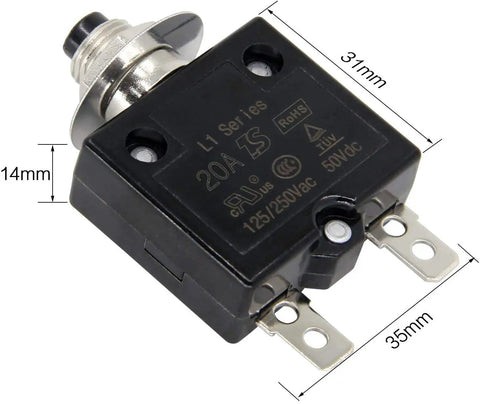 Heavy Duty Thermal Circuit Breaker 20 Amps Push Button Manual Reset Switch 125 To 250 Volts Ac 50 Volts Dc Single Pole Pack Of Two side view with dimensions