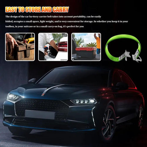 Rock Solid Heavy Duty Car Battery Carrier Strap Green Universal Hold Down Belt with Durable Synthetic Fiber Rope in a storage setting.