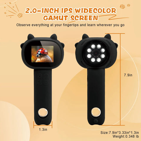 Awesome Pocket Sized Handheld Microscope For Kids With 500x Magnification And 2 Inch Ips Screen For Real Time 1080p Hd Viewing close-up front and back view, 7.9in