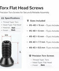 Built Tough Grade Twelve Point Nine Black Oxide Firearm Scope Screws With Security Star Drive And Weaver Oval Heads close-up showing specifications and screw details.