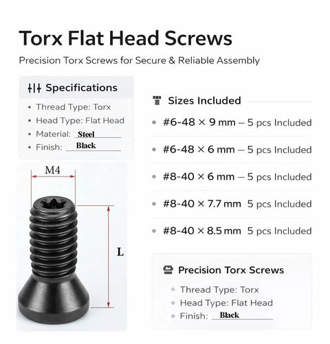 Built Tough Grade Twelve Point Nine Black Oxide Firearm Scope Screws With Security Star Drive And Weaver Oval Heads close-up showing specifications and screw details.
