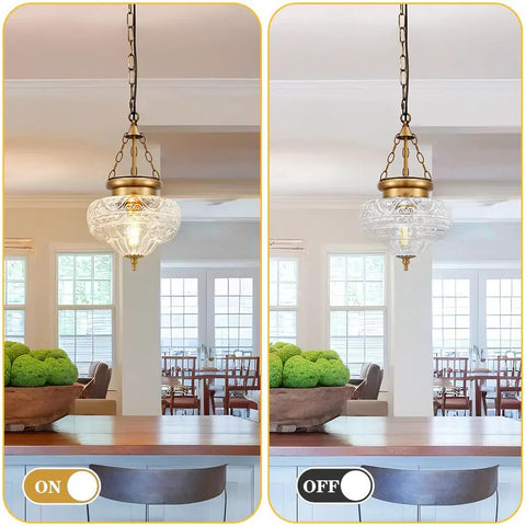 Straight Up Vintage Vibes Handblown Textured Glass Pendant Light With Brushed Antique Brass Finish for Kitchen Island on and off