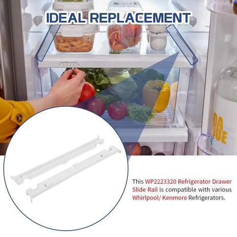 Upgraded Fridge Crisper Drawer Slide Rail Kit No Sweat Install Heavy Duty Straight Swap Replacement For Quick Kitchen Refresh and Easy Home Organization showing white glide rails inside a fridge with fresh produce.