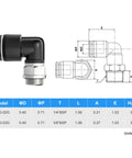 Beefy Heavy Duty Pneumatic Male Elbow Push To Connect Fittings 10mm Tube Outer Diameter To Three Eighths Inch BSP 90 Degree diagram