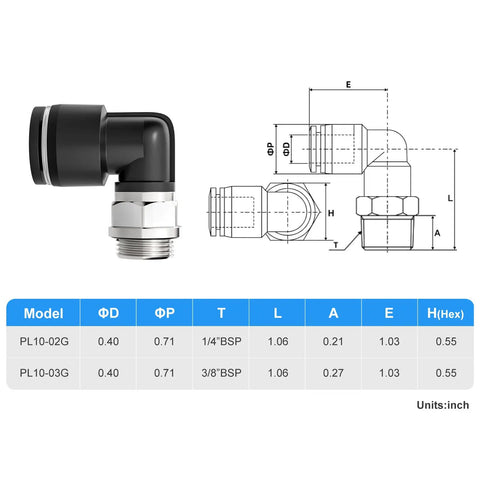 Beefy Heavy Duty Pneumatic Male Elbow Push To Connect Fittings 10mm Tube Outer Diameter To Three Eighths Inch BSP 90 Degree diagram