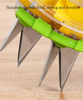 Close-up of stainless steel duckbill of Metal Precision Garden Seeder With Thickened Iron Mouth Bionic Duckbill, Double Row Walk Behind Planter For Peanuts, Corn And Beans, Tough Durable Seed Spreader Machine For Quick, Accurate Planting And Efficient Soil Breaking.