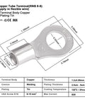 Copper tube terminal RNB 8-8 with dimensions and specs for flexible wires, featuring tin plating and copper body.