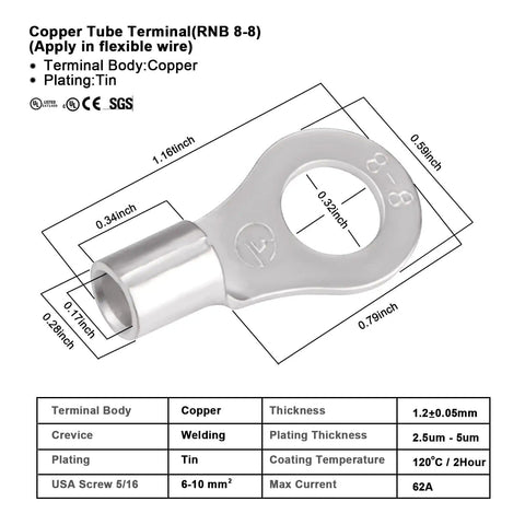 Copper tube terminal RNB 8-8 with dimensions and specs for flexible wires, featuring tin plating and copper body.