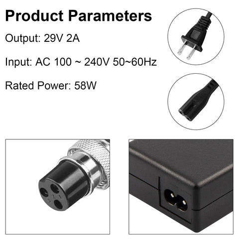 Fast Charge 29V 2A Battery Charger For 24V Electric Scooters And Bikes, Compatible With E100 E300 MX350 Moped Dirt Bike, 58W Output, Safe, Reliable Power Supply