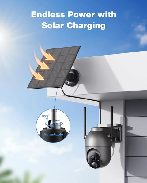 Wireless Outdoor Security Camera System 4 Camera Kit with Local Storage solar powered mounted on corner for 360 degree PTZ view