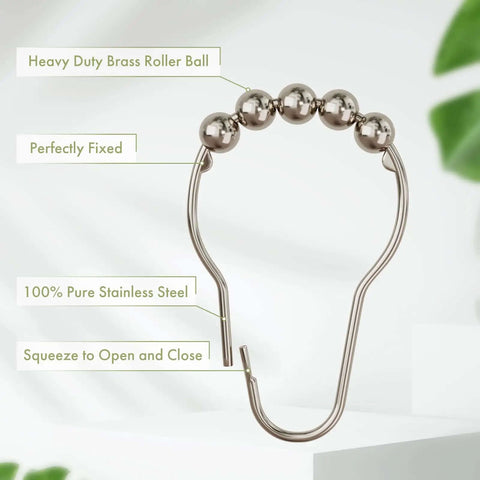 Close-up of Rustproof Stainless Steel Shower Curtain Hooks Set Of 12 For Bathroom Rods With Polished Nickel Finish showing roller ball design.