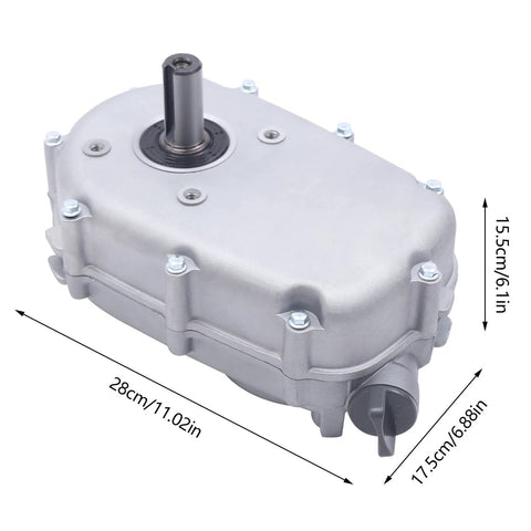 Front view of Lumicasaler gear reduction box 2:1 ratio, metal housing with a top vertical shaft.