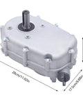 Angled front view of a silver aluminum gear reducer with built-in clutch and mounting bolts.