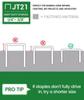 Top Shelf Jt21 Staples Bulk Refill Featuring Quarter Inch Galvanized Fine Wire With 7/16 Crown showing proper staple usage guide.