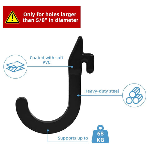 Squat Rack Hooks And Power Rack Attachments For DIY Storage in black heavy-duty steel with PVC coating, close-up view.