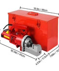 MXJCKSOQ Electric Hydraulic Rebar Cutter Handheld Steel Bar Cutting Machine 1250W Motor with red storage case and dimensions.