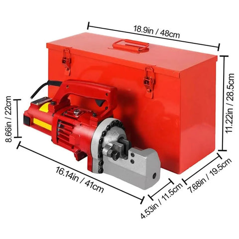 MXJCKSOQ Electric Hydraulic Rebar Cutter Handheld Steel Bar Cutting Machine 1250W Motor with red storage case and dimensions.