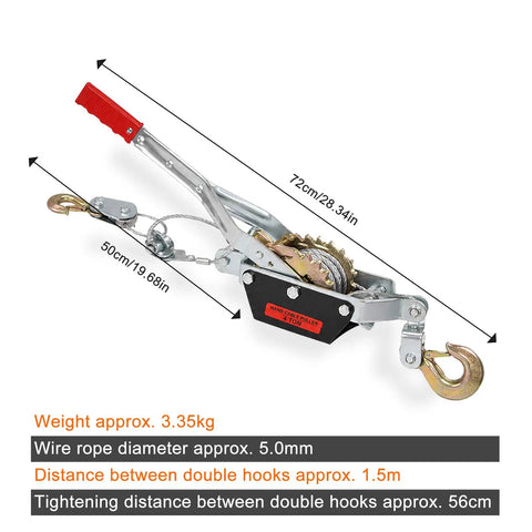 Heavy Duty 4 Ton Come Along Winch With 13 Ft Galvanized Steel Cable Dual Ratchet Pulley Double Lock Claw And 2 Safety Hooks For Vehicle Recovery Fence Farm And Construction Projects, 72cm length
