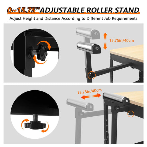 Heavy Hitter Rolling Planer Stand Holding 550 Lb Load Capacity Height Adjustable Miter Saw Table With Extension Rollers - 0-15.75" adjustable roller stand for various job heights.