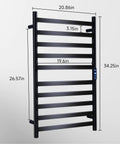 Ten Bar Heated Towel Rack For Bathroom No Fuss Wall Mount Towel Warmer With Timer And Temperature Control Plug In Electric Bath Heater Fast Safe Carbon Fiber Heating Matte Black Finish, dimensions labeled