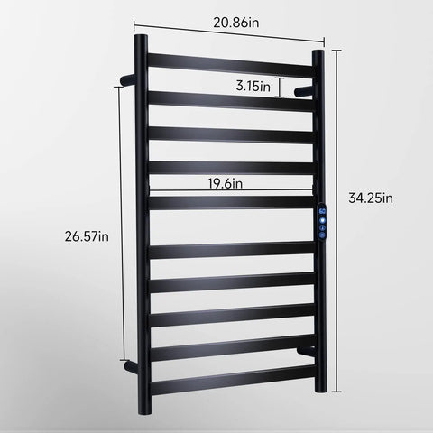 Ten Bar Heated Towel Rack For Bathroom No Fuss Wall Mount Towel Warmer With Timer And Temperature Control Plug In Electric Bath Heater Fast Safe Carbon Fiber Heating Matte Black Finish, dimensions labeled