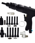 Air Powered Rivet Nut Tool Kit with Half Inch and Three Eighths Mandrels, tool and accessories displayed on white background