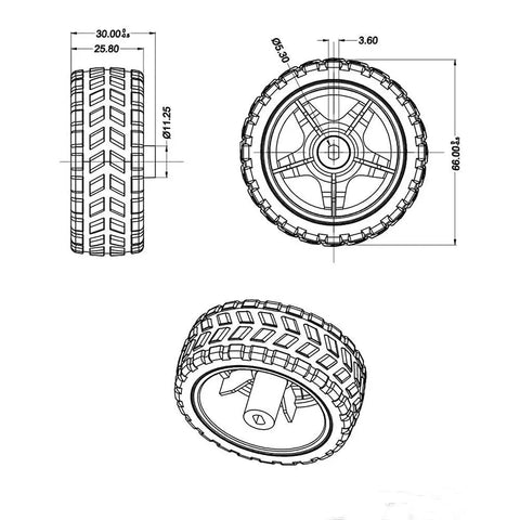 Four Pack DC Gearbox Motors With One To Forty Eight Gear Ratio, 3 To 6 Volts TT Motors Delivering Ninety To Two Hundred RPMs, wheel diagram