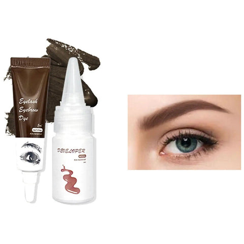 Eyelash Eyebrow Dye kit with developer tube and brown dye, features model's eye with well-defined eyebrows.