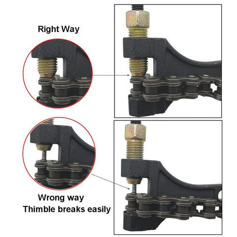 Chain breaker rivet tool for chains; black with brass bolt, dual-view shows correct vs incorrect thimble alignment