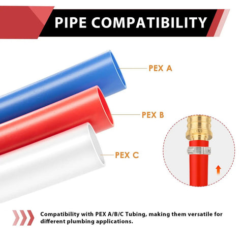 Image showing PEX A, B, and C pipe compatibility with a brass fitting, highlighting Ten Pack PEX Drop Ear Elbow Brass Crimp Fitting One Half Inch Female NPT.