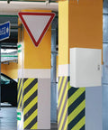 Built To Last Cold Rolled Steel Electrical Enclosure Box 20X16X8 Inch mounted in a brightly colored parking garage.