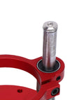 Router Lift Base With 2 Jaw Clamping System Pro Grade Aluminum Alloy Router Table Insert Plate Lifting Mechanism 70mm Stroke Red Ideal For Woodworking Trimming Jobs close-up of clamp and lift post