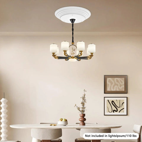 Heavy Duty Electric Hoist Lift System For Chandeliers 2 In 1 Switch Holds 110 Lbs White Metal with chandelier in dining area
