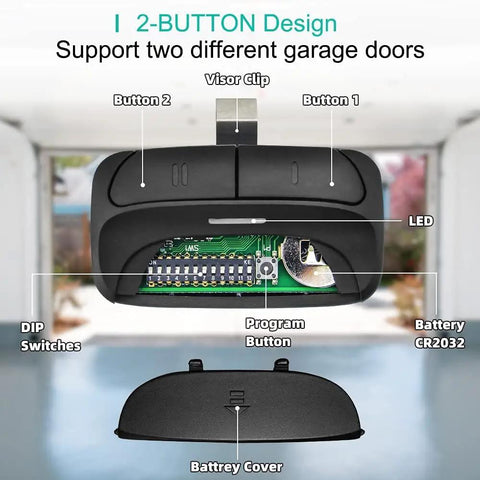 Universal Garage Door Opener Remote Replacement Works With 300 310 315 318 390 MHz Frequencies 2 Pack showing buttons and components