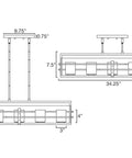 Diagram showing dimensions of 34 Inch 5 Light Dope Modern Kitchen Island Light Linear Pendant with Clear Water Glass Diffuser