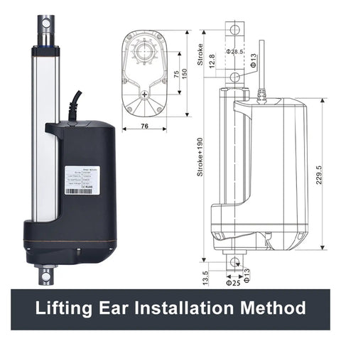 Heavy Duty Electric Linear Actuator Dc 12V Motor With Stainless Steel Shaft Built Beefy For Construction And Lifting Jobs Runs Smooth As Butter Under Pressure All Day Long, showing lifting ear installation method and dimensions.