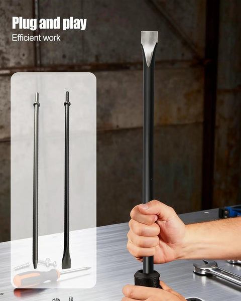Pneumatic Cold Chisel Set With Flat And Point Chisels For Concrete And Tile, Three Quarters Inch Wide And Eighteen Inch Long
