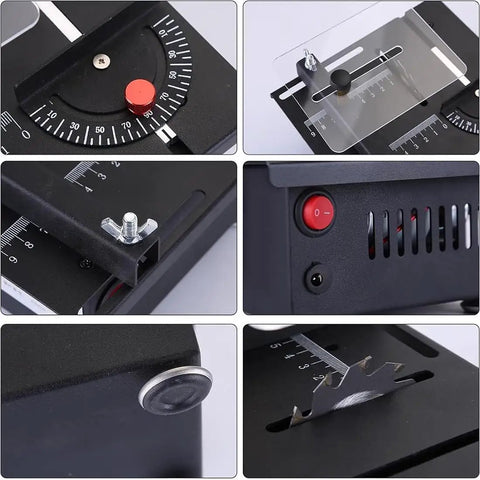 Top Shelf Mini Table Saw And Heavy Duty Portable Craft Station For Wood Cutting Sanding Engraving Drilling, close-up controls and settings.