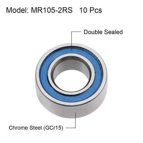 MR105-2RS Deep Groove Ball Bearing 5mm ID 10mm OD 4mm Thick Double Sealed Chrome Steel with Blue Seal Z2