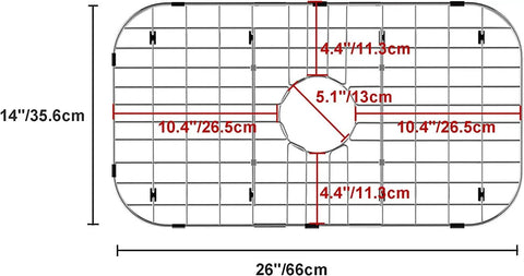 Dimensions of Stainless Steel Sink Grid Protector For Kitchen Sink 26 Inch By 14 Inch Center Drain Hole 5.1 Inch Durable Bottom Rack
