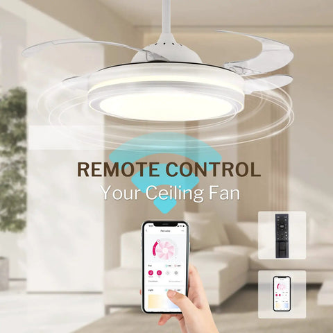 42 Inch Retractable Bladeless Ceiling Fan With LED Lights Remote Control Smart White Finish for modern living room