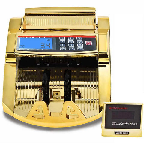 High Capacity Money Counter For Dollars With UV And IR Counterfeit Detection And External LCD Display Count Add Batch Auto Modes Cash Counter For Quick Accurate Cash Handling For Everyday Money Hustle, gold model with external display.