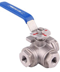 Go-To 3-Way Ball Valve With T Mounting Pad, Stainless Steel 304 Female 1/4 Inch NPT Ports, Vinyl Locking Handle, Side View