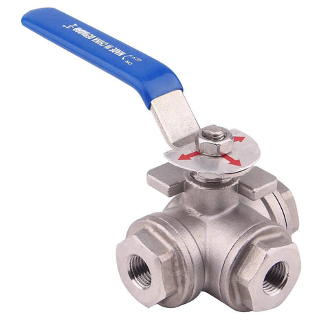 Go-To 3-Way Ball Valve With T Mounting Pad, Stainless Steel 304 Female 1/4 Inch NPT Ports, Vinyl Locking Handle, Side View